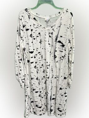 Black & White Birch Print V-Neck Dress with Side Pockets